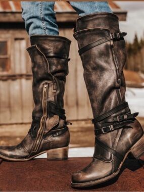 Freebird by Steven GIA Black Distressed Leather Riding Boots Size 11